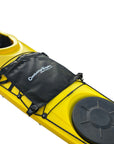 The Cambridge Kayaks lightweight mesh deck bag securely attached to a yellow kayak deck using the built-in corner clips and adjustable straps, ideal for holding wet gear or accessories.