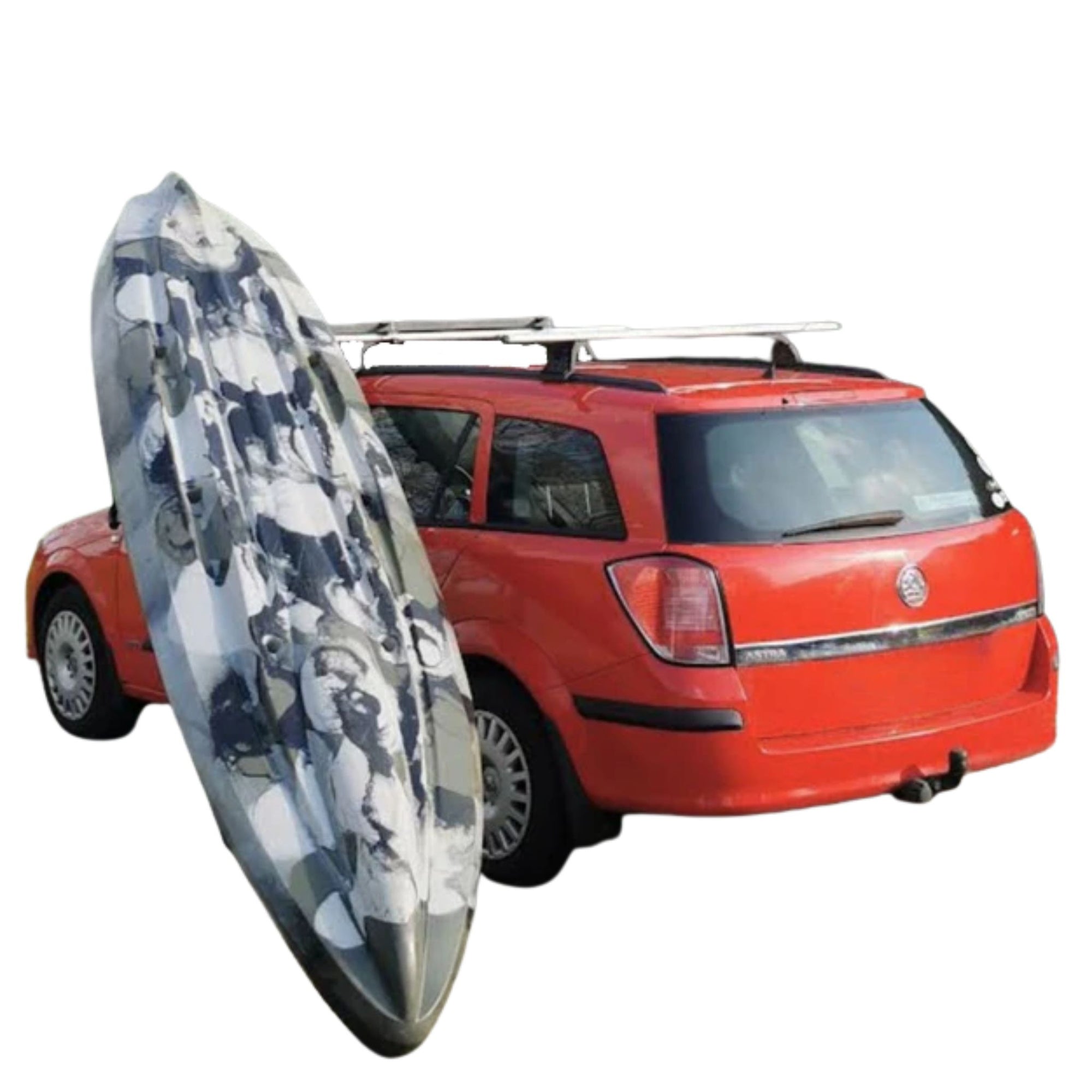 Cambridge Kayaks Load Assisting Rack Bar mounted on a red vehicle, shown supporting a large kayak for easy roof loading and unloading.