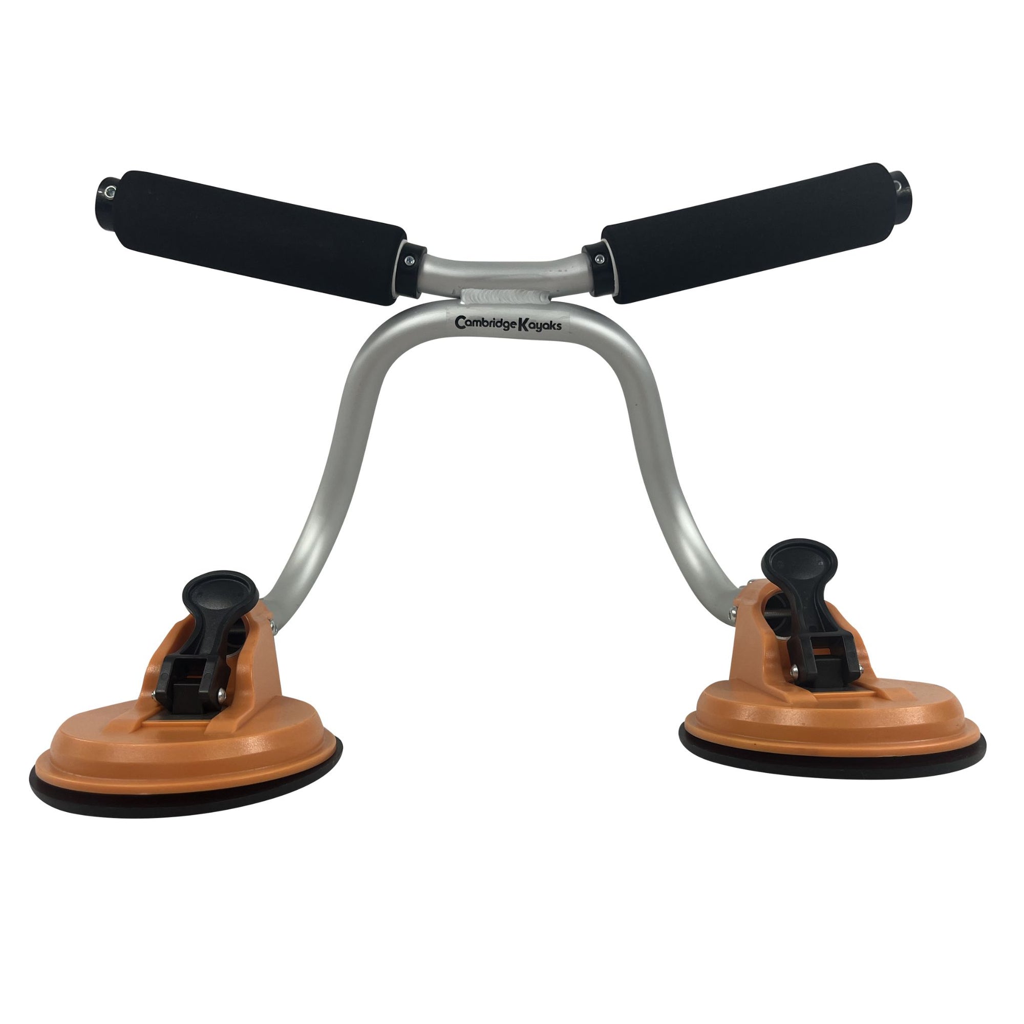 Front-facing angle of the Cambridge Kayaks Loading Roller Assist showing the dual suction base and padded support roller for guiding kayaks onto roof racks.