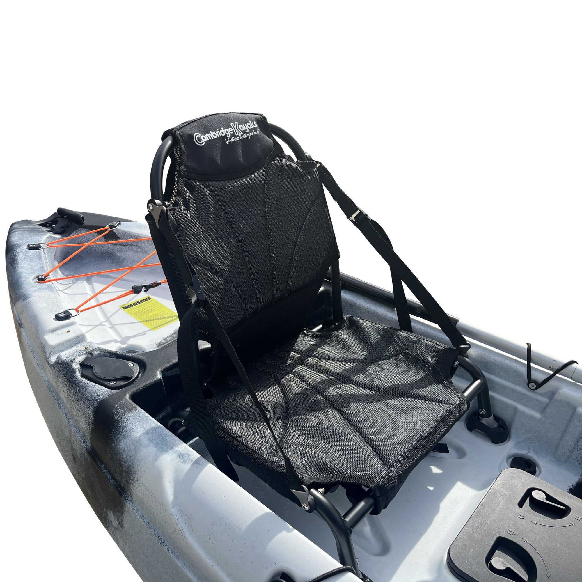 Seat and storage area of the Cambridge Kayaks Manta 9ft fishing kayak in black white camo. Features upgraded padded chair and rear bungee storage system.