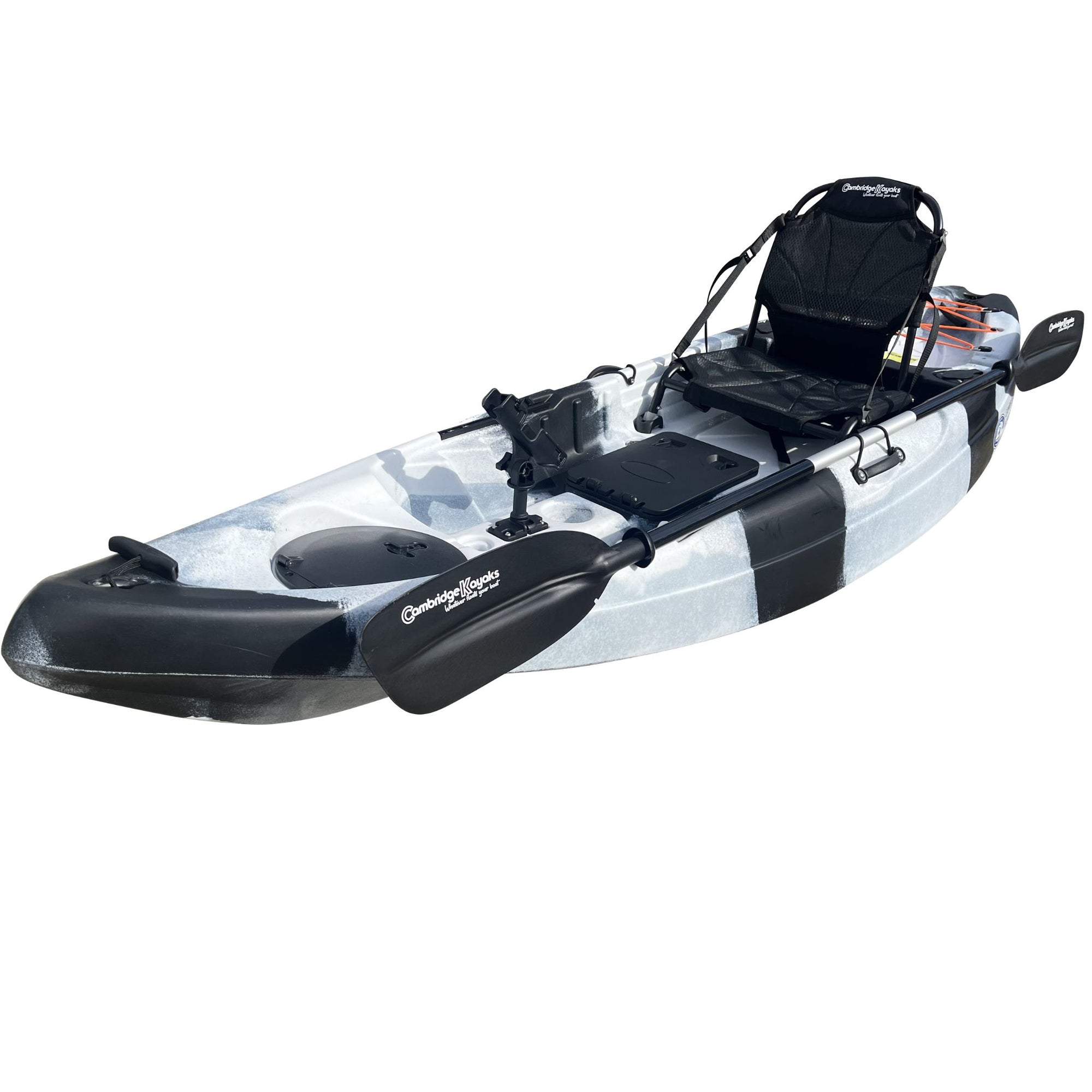 Close-up of the upgraded seat on the Cambridge Kayaks Manta 9ft fishing kayak in black white camo. Adjustable, breathable seat for comfort on long paddles or fishing trips.