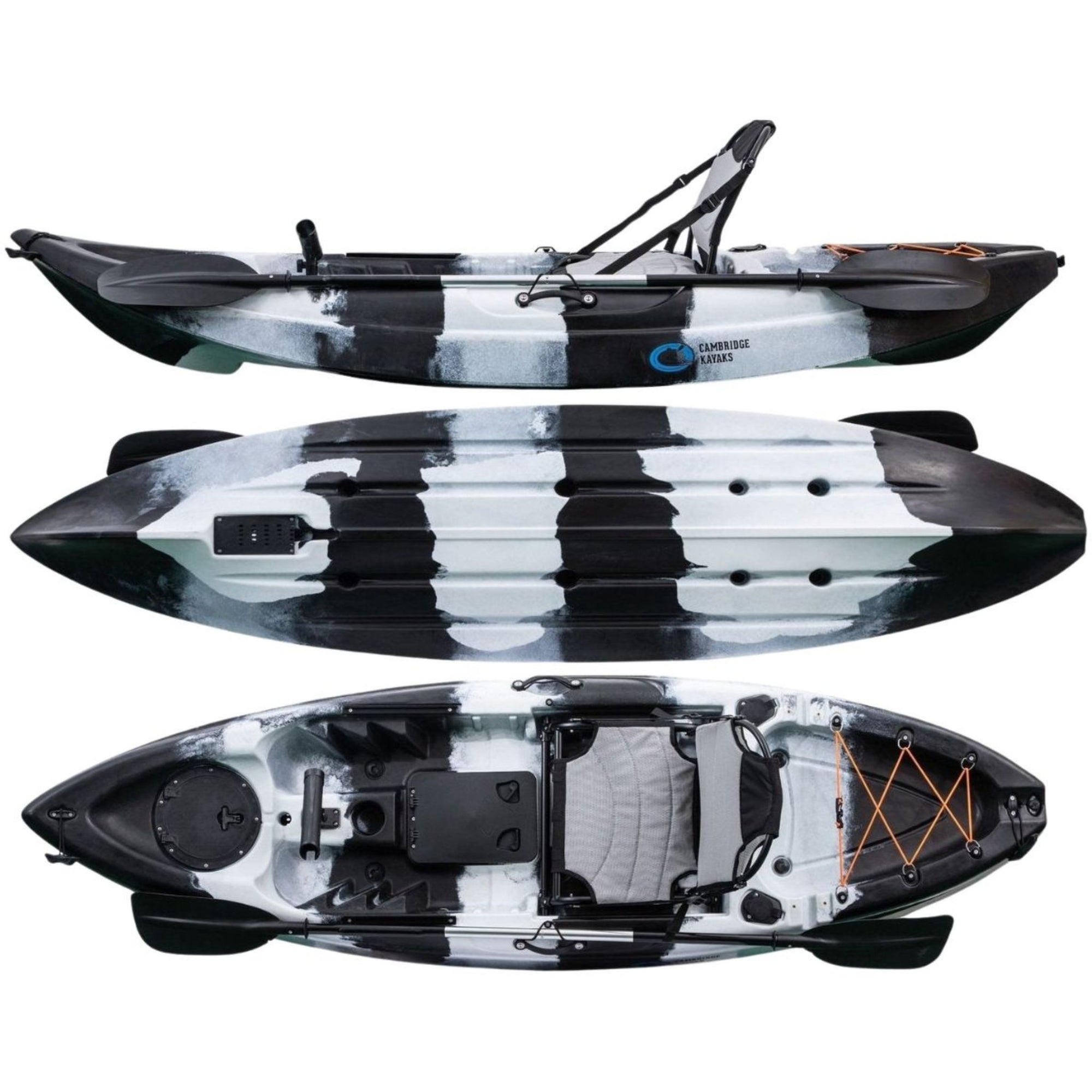 Cambridge Kayaks Manta 9ft fishing kayak in black white camo with upgraded aluminium seat, versatile sit on top kayak for fishing, adventure touring, sea and river paddling with built-in rod holders and storage