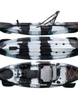 Cambridge Kayaks Manta 9ft fishing kayak in black white camo with upgraded aluminium seat, versatile sit on top kayak for fishing, adventure touring, sea and river paddling with built-in rod holders and storage