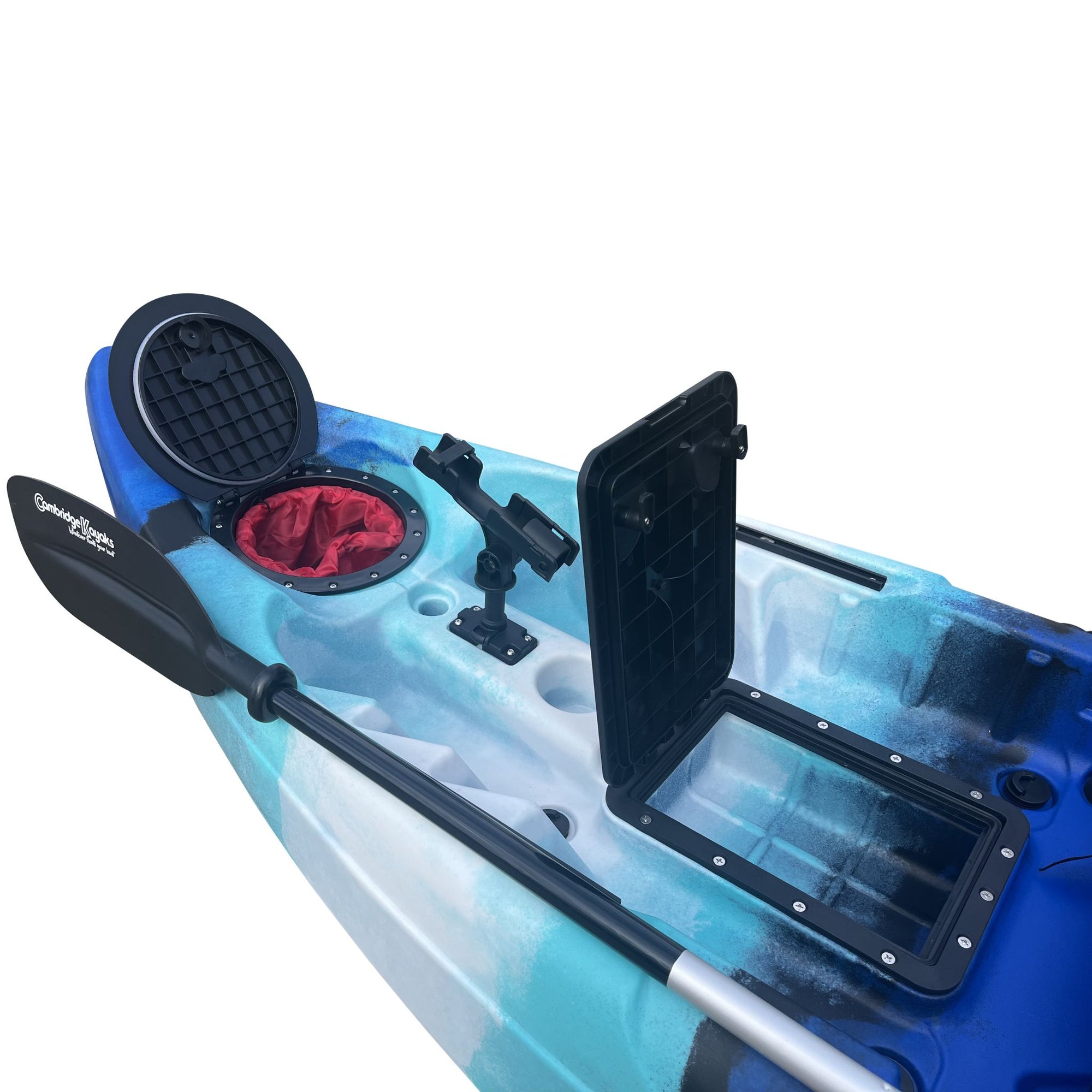 Cockpit and hatch close-up of the Cambridge Kayaks Manta 9ft fishing kayak in blue white camo. Displays waterproof hatch, molded footrests, and storage area.