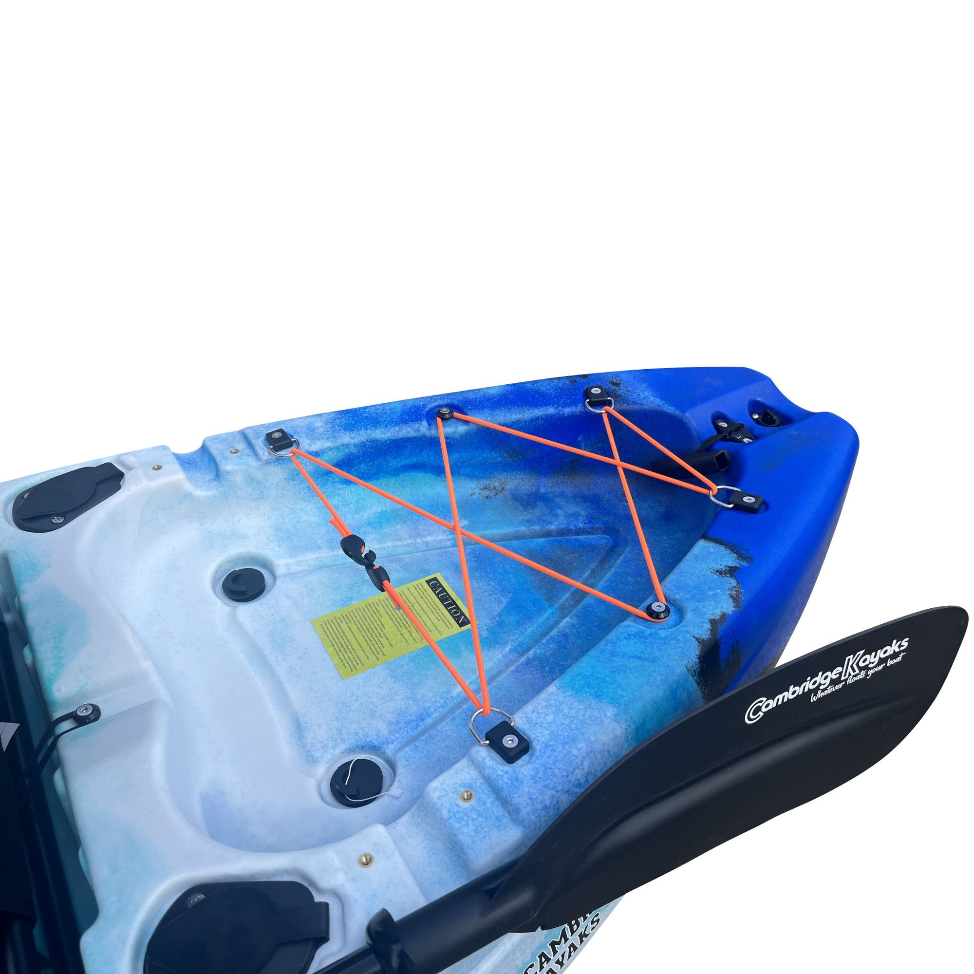 Rear storage and deck view of the Cambridge Kayaks Manta 9ft fishing kayak in blue white camo. Shows bungee system, rod holders, and rear handle for easy transport.