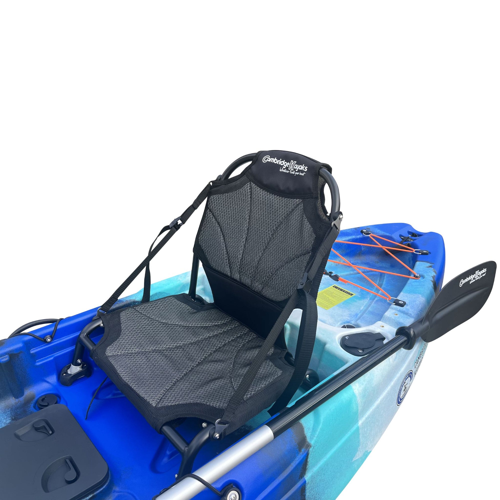 Close-up seat view of the Cambridge Kayaks Manta 9ft fishing kayak in blue white camo. Features upgraded adjustable seat and wide stable hull design for comfort.
