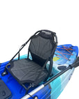 Close-up seat view of the Cambridge Kayaks Manta 9ft fishing kayak in blue white camo. Features upgraded adjustable seat and wide stable hull design for comfort.