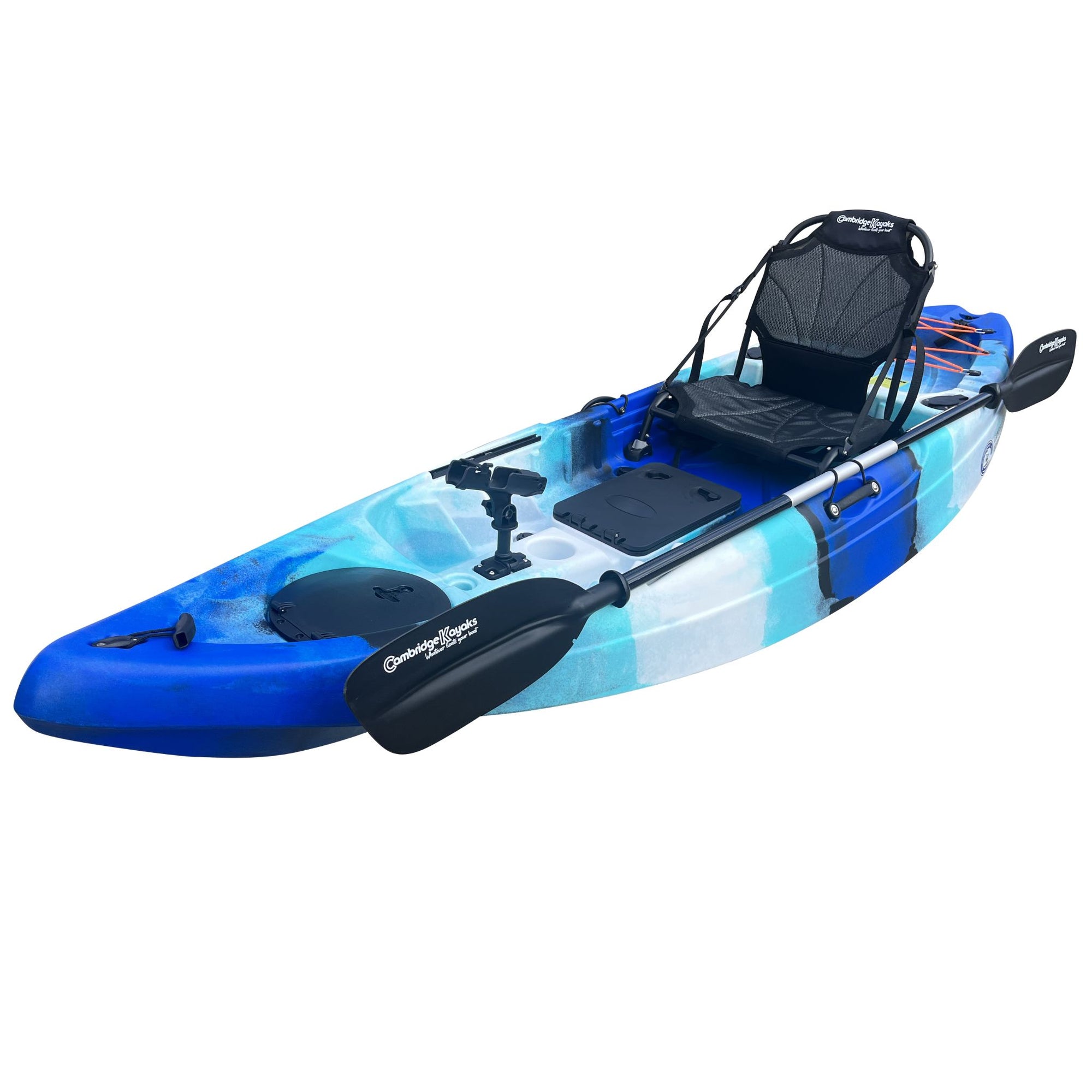 Side profile of the Cambridge Kayaks Manta 9ft fishing kayak in blue white camo. Compact and durable kayak ideal for solo fishing and recreational paddling.