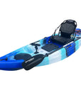Side profile of the Cambridge Kayaks Manta 9ft fishing kayak in blue white camo. Compact and durable kayak ideal for solo fishing and recreational paddling.