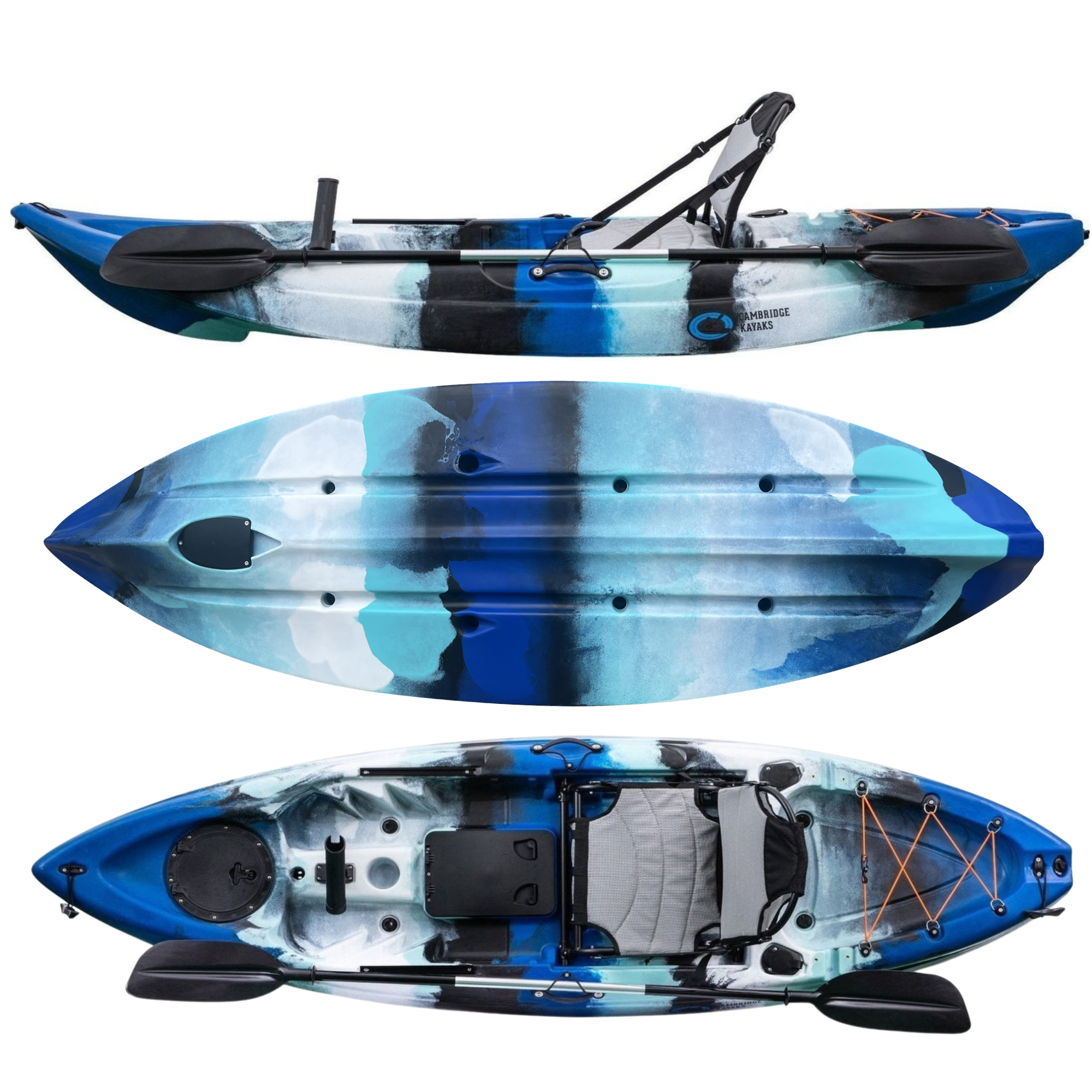 Cambridge Kayaks Manta 9ft fishing kayak in blue white camo with upgraded aluminium chair, stable sit on top kayak for sea, river and lake fishing, touring and recreational paddling with rod holders and storage