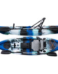 Cambridge Kayaks Manta 9ft fishing kayak in blue white camo with upgraded aluminium chair, stable sit on top kayak for sea, river and lake fishing, touring and recreational paddling with rod holders and storage