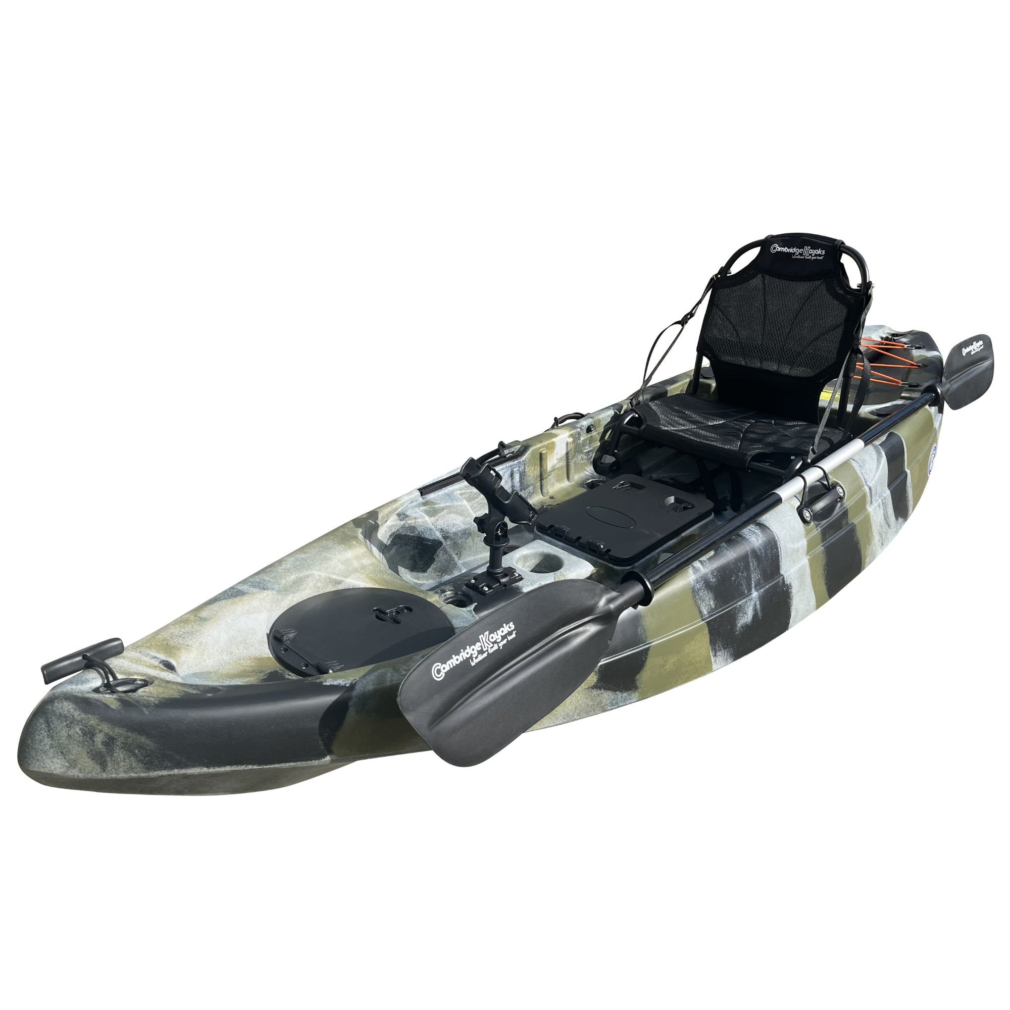 Angled front view of the Cambridge Kayaks Manta 9ft fishing kayak in desert camo. Highlights rugged hull design and compact shape for stability and control.