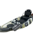 Angled front view of the Cambridge Kayaks Manta 9ft fishing kayak in desert camo. Highlights rugged hull design and compact shape for stability and control.