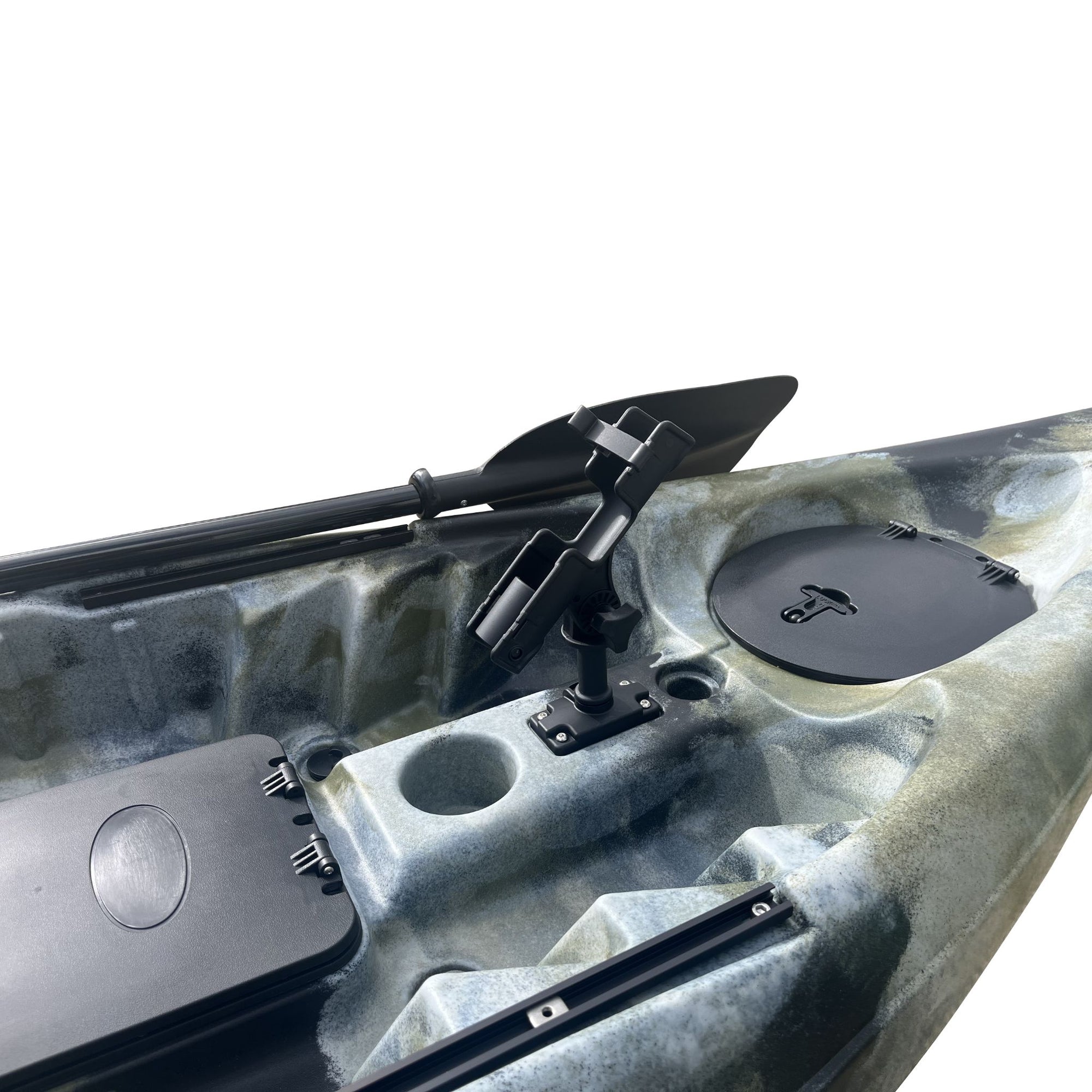 Cockpit layout of the Cambridge Kayaks Manta 9ft fishing kayak in desert camo. Shows hatch placement, rod holders, and deck fittings for angling use.