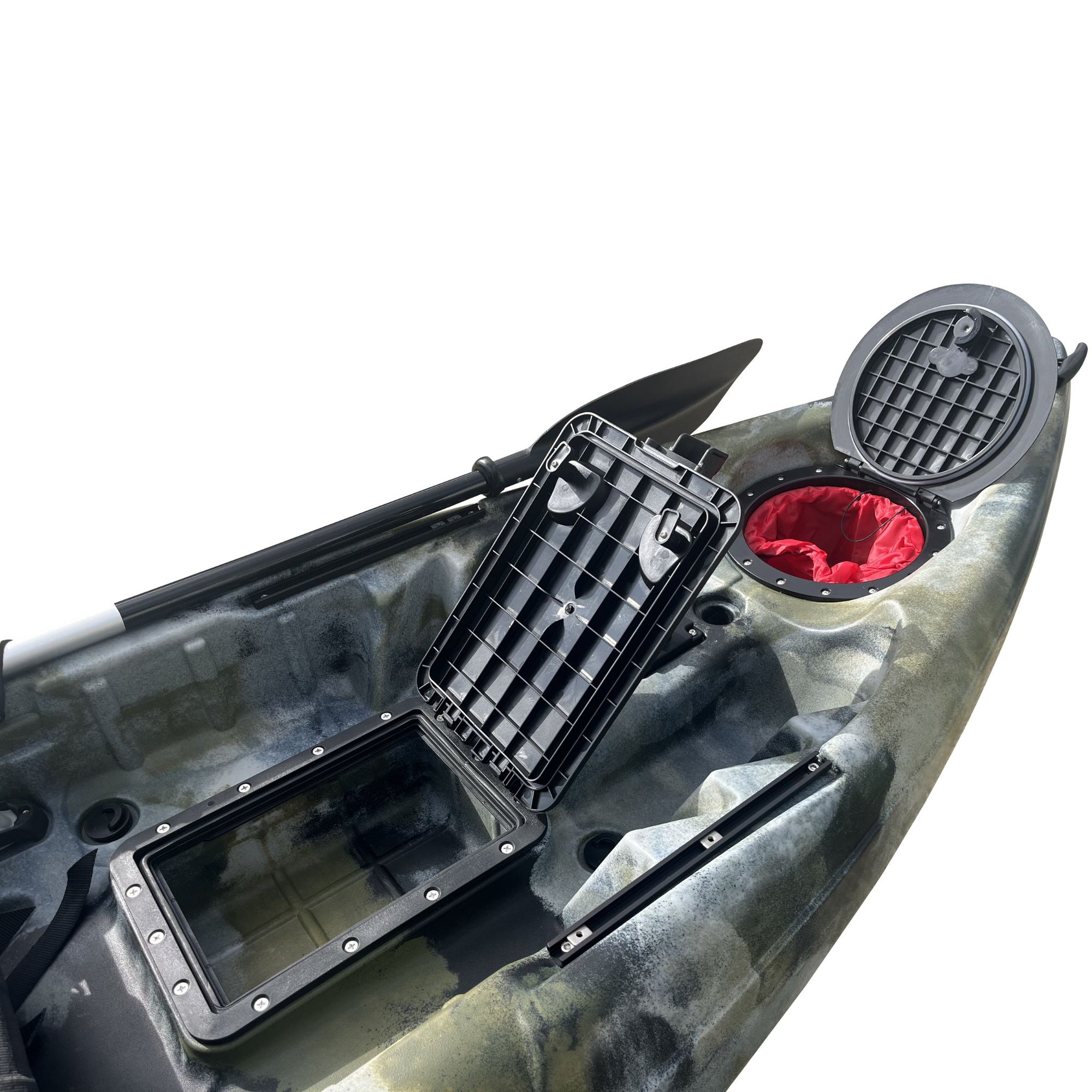 Seat view of the Cambridge Kayaks Manta 9ft fishing kayak in desert camo. Features high-back padded seat, storage area, and molded foot placements.