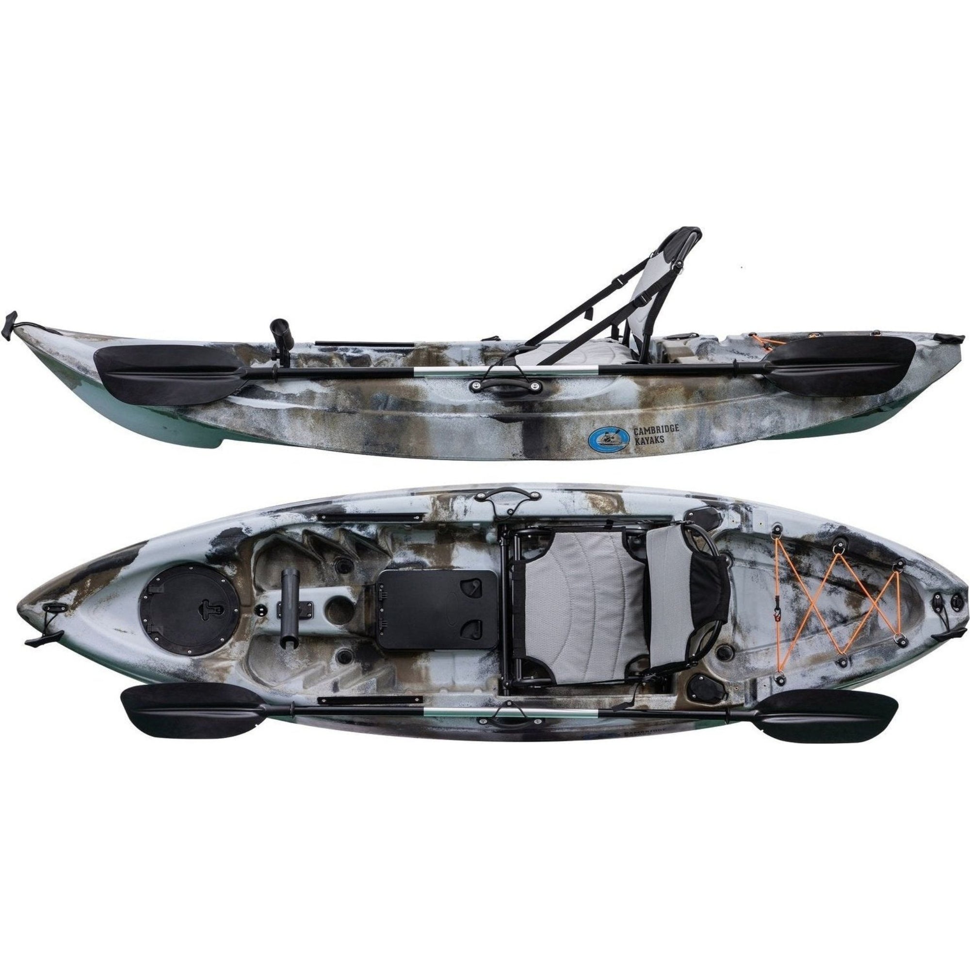 Cambridge Kayaks Manta 9ft fishing kayak in desert camo with deluxe aluminium chair, compact and durable kayak for coastal fishing, freshwater angling, touring and family leisure kayaking with rear bungee storage