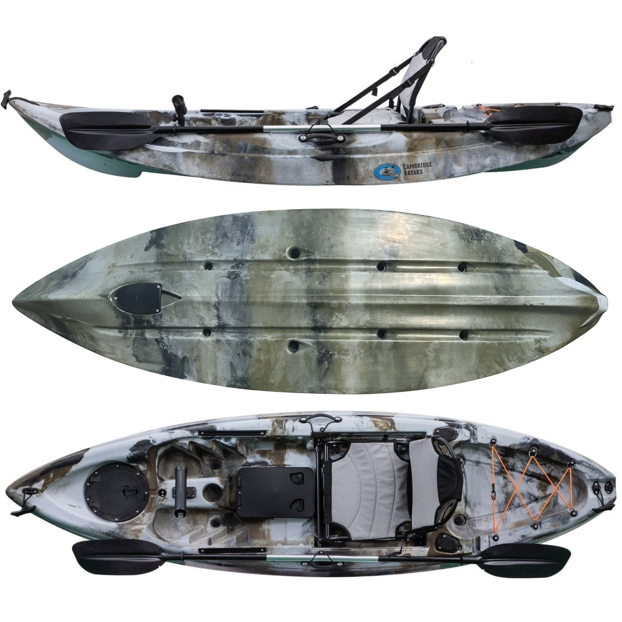 Cambridge Kayaks Manta 9ft fishing kayak in desert camo with deluxe aluminium chair, compact and durable kayak for coastal fishing, freshwater angling, touring and family leisure kayaking with rear bungee storage