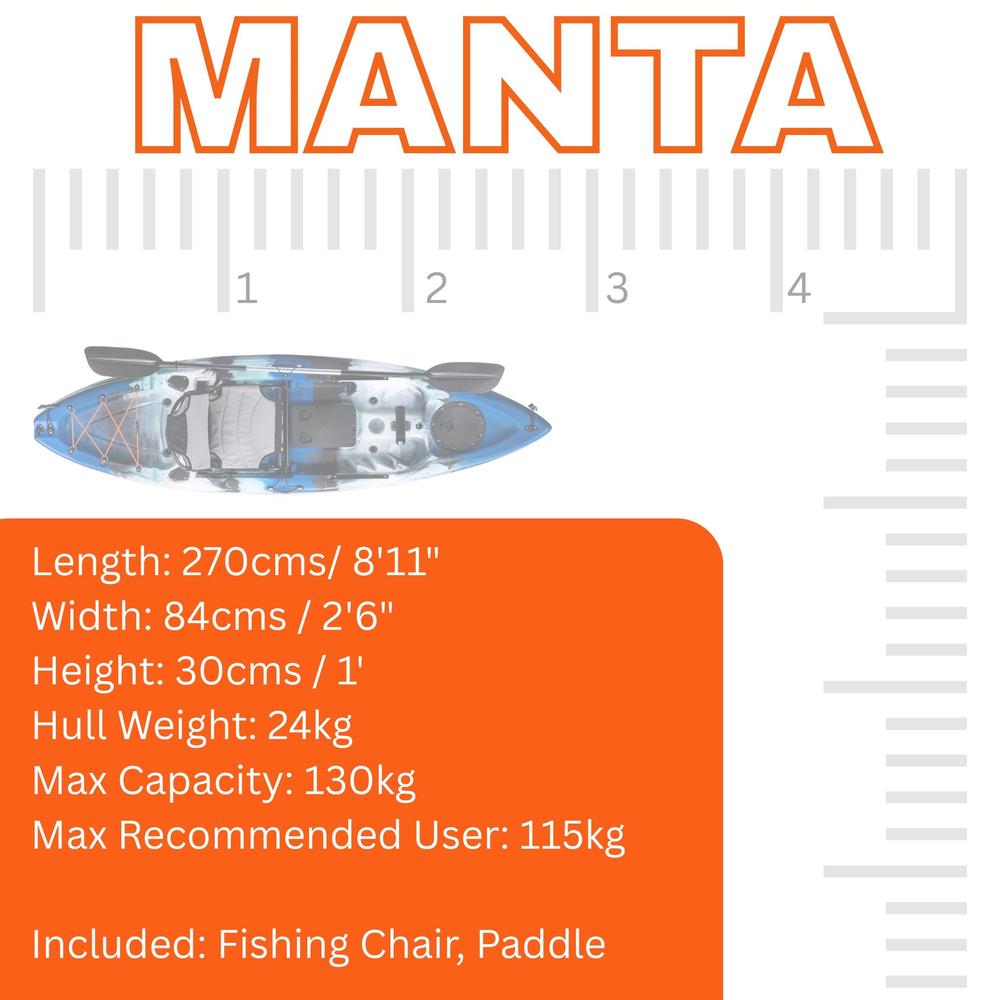 Official dimensions chart of the Cambridge Kayaks Manta 9ft fishing kayak, showing length, width, weight and seating layout for fishing and recreational use