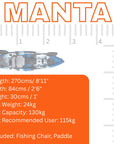 Official dimensions chart of the Cambridge Kayaks Manta 9ft fishing kayak, showing length, width, weight and seating layout for fishing and recreational use