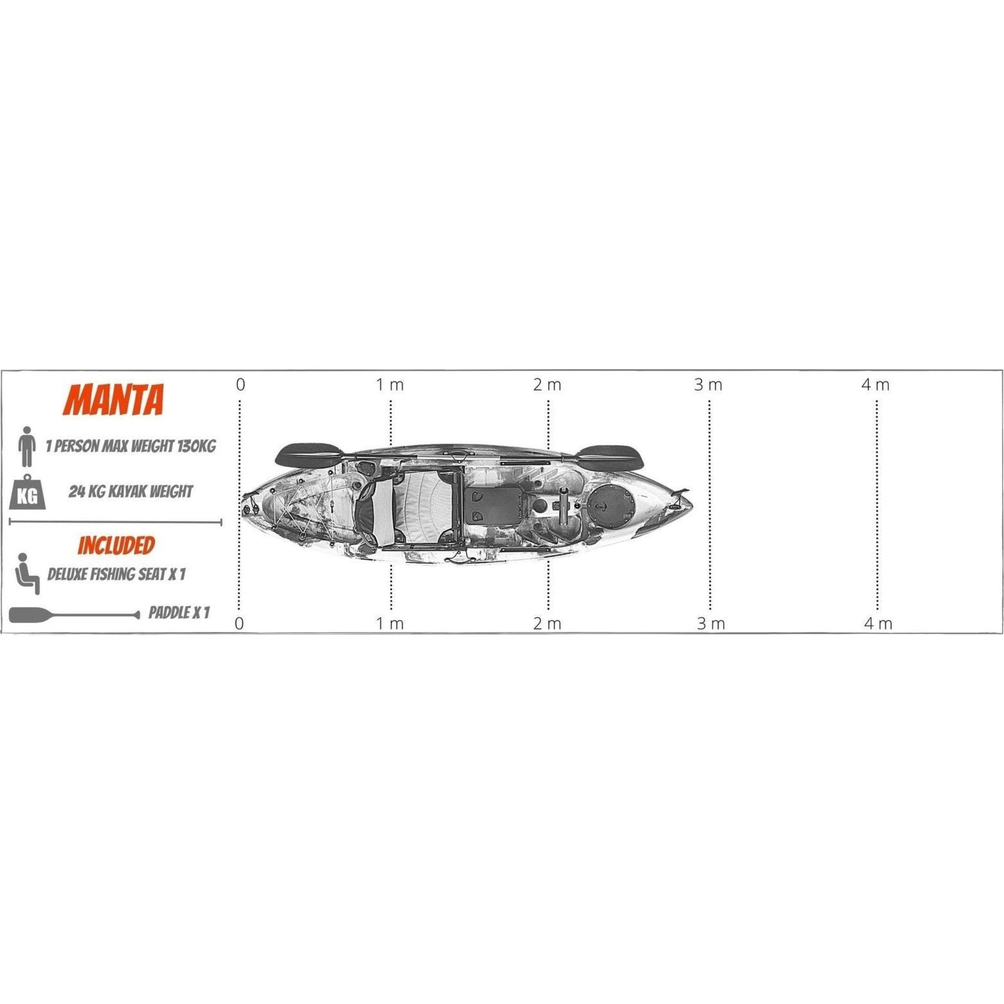 Official dimensions chart of the Cambridge Kayaks Manta 9ft fishing kayak, showing length, width, weight and seating layout for fishing and recreational use