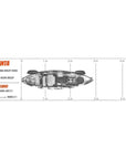 Official dimensions chart of the Cambridge Kayaks Manta 9ft fishing kayak, showing length, width, weight and seating layout for fishing and recreational use