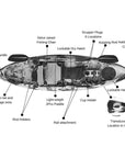 Features and specifications diagram of the Cambridge Kayaks Manta 9ft fishing kayak with upgraded chair, highlighting rod holders, storage, bungee cord system and footrests