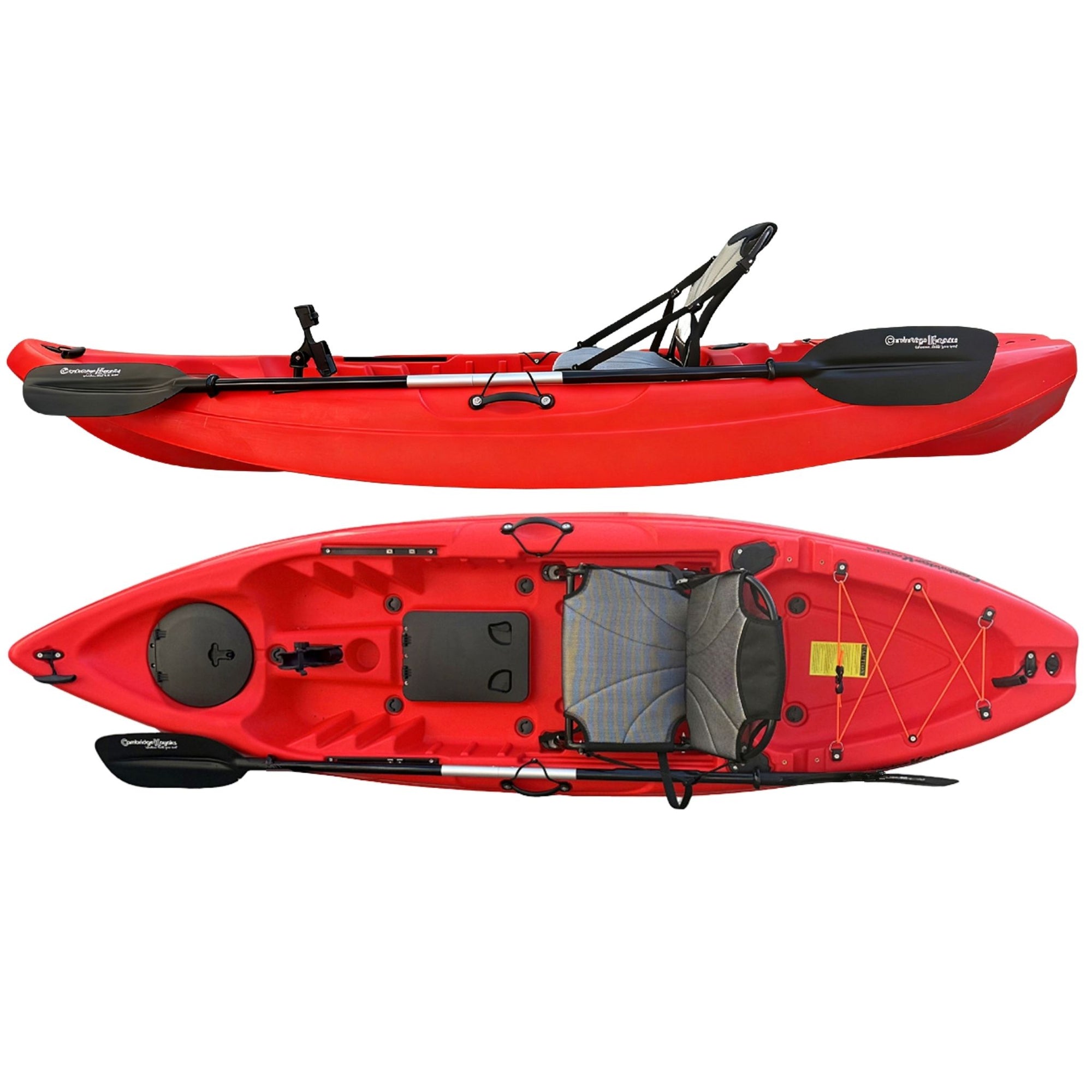 Cambridge Kayaks Manta 9ft red fishing kayak side and top view, highlighting upgraded seat design, paddle placement, footrests, and rear bungee storage area — compact sit-on-top fishing kayak for UK adventures.