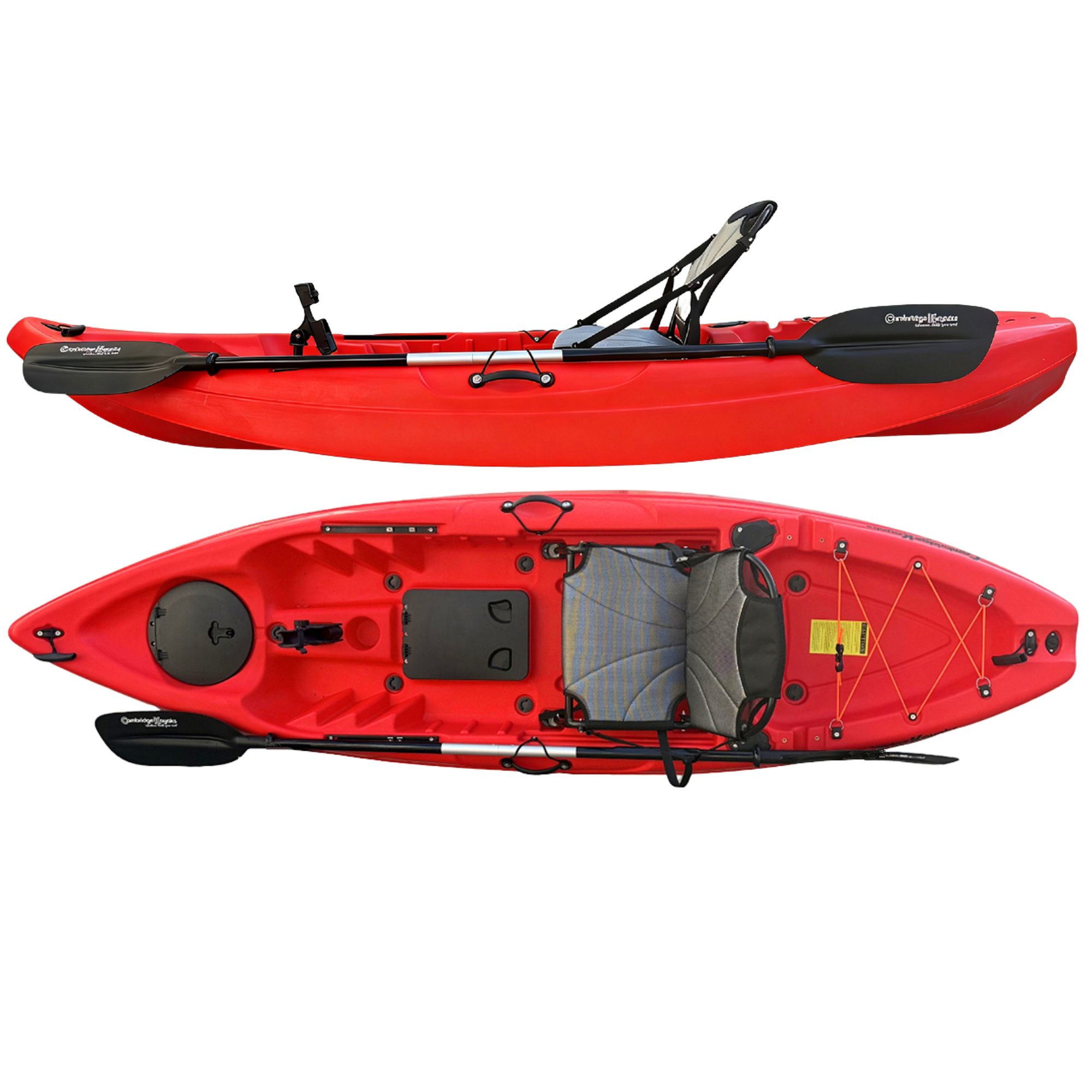 Cambridge Kayaks Manta 9ft red fishing kayak side and top view, highlighting upgraded seat design, paddle placement, footrests, and rear bungee storage area — compact sit-on-top fishing kayak for UK adventures.