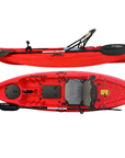 Cambridge Kayaks Manta 9ft red fishing kayak side and top view, highlighting upgraded seat design, paddle placement, footrests, and rear bungee storage area — compact sit-on-top fishing kayak for UK adventures.