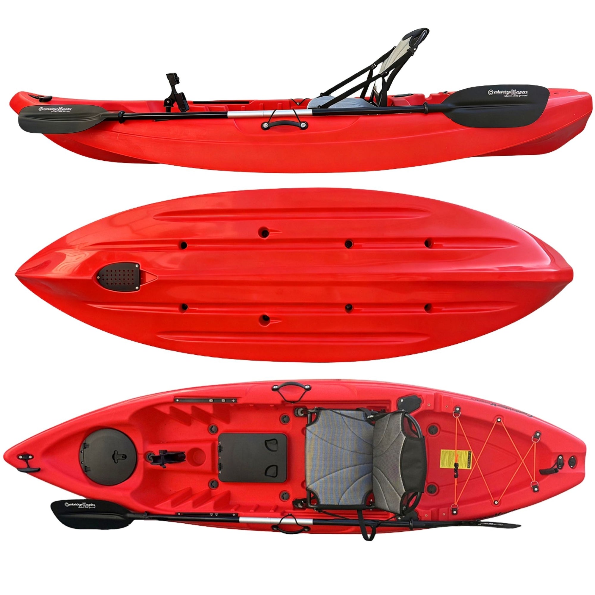 Cambridge Kayaks Manta 9ft red fishing kayak shown from top, bottom, and side angles, displaying tri-hull design, aluminium seat, dual storage hatches, and full accessory layout for stability and performance in UK coastal or inland waters.