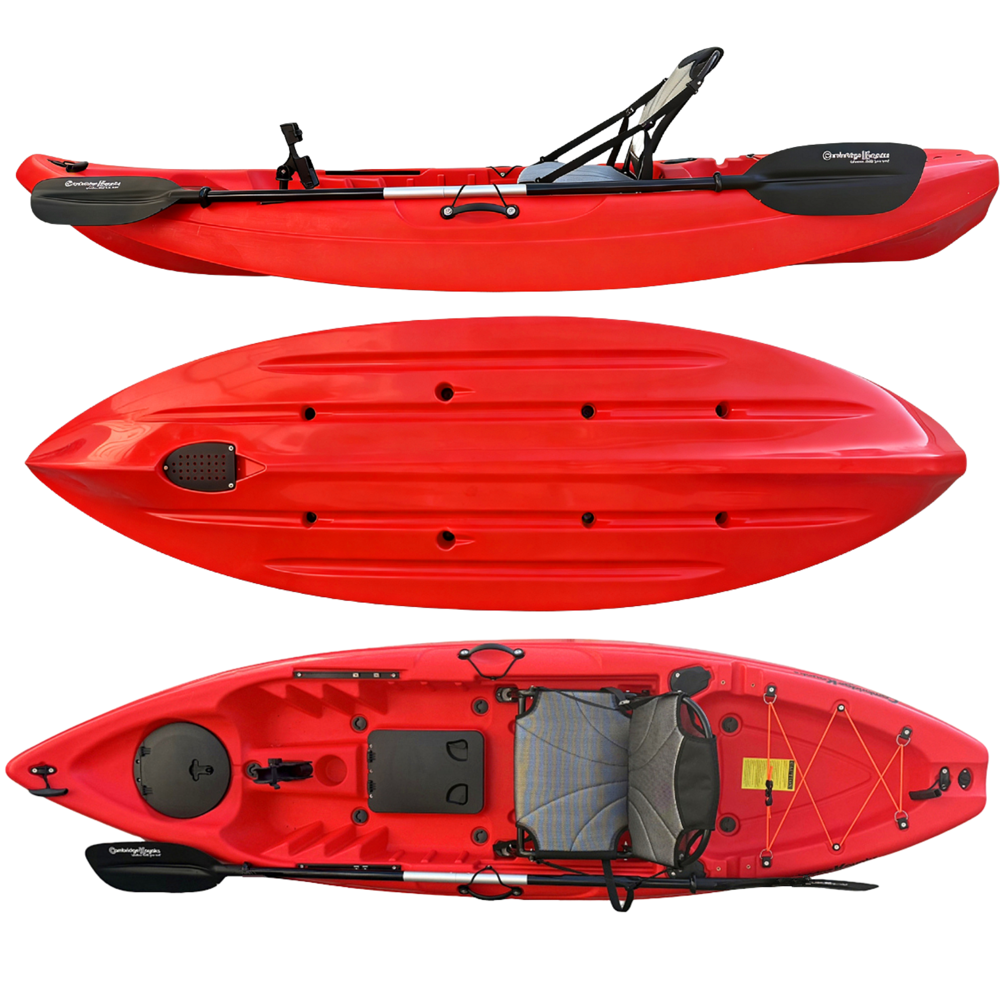 Cambridge Kayaks Manta 9ft red fishing kayak shown from top, bottom, and side angles, displaying tri-hull design, aluminium seat, dual storage hatches, and full accessory layout for stability and performance in UK coastal or inland waters.