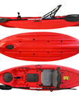 Cambridge Kayaks Manta 9ft red fishing kayak shown from top, bottom, and side angles, displaying tri-hull design, aluminium seat, dual storage hatches, and full accessory layout for stability and performance in UK coastal or inland waters.