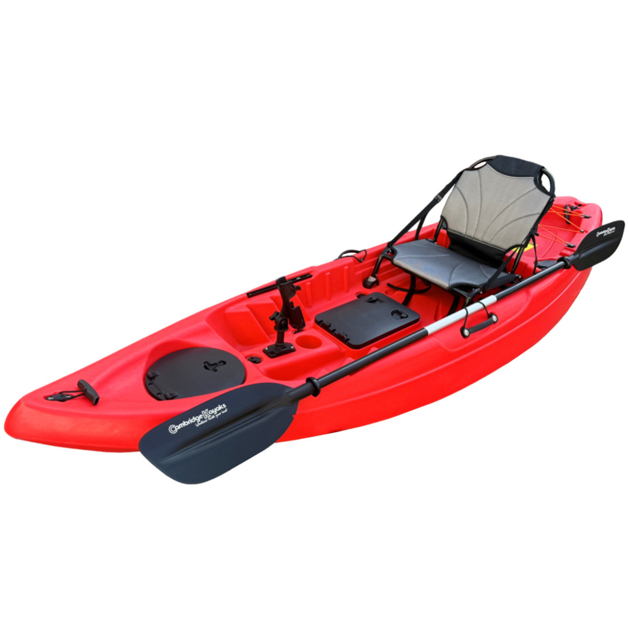 Cambridge Kayaks Manta 9ft red fishing kayak with upgraded aluminium framed chair and paddle, showing rod holder and dual storage hatches, ideal for solo anglers and recreational paddling in UK waters.