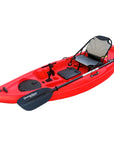 Cambridge Kayaks Manta 9ft red fishing kayak with upgraded aluminium framed chair and paddle, showing rod holder and dual storage hatches, ideal for solo anglers and recreational paddling in UK waters.