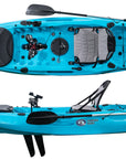 Cambridge Kayaks Marlin Pro blue fishing kayak with pedal drive system, shown from top and side angles, featuring an aluminium framed seat, rudder control, paddle holders, and rear bungee storage — ideal for serious anglers and touring use in UK lakes, rivers, and coastal waters.