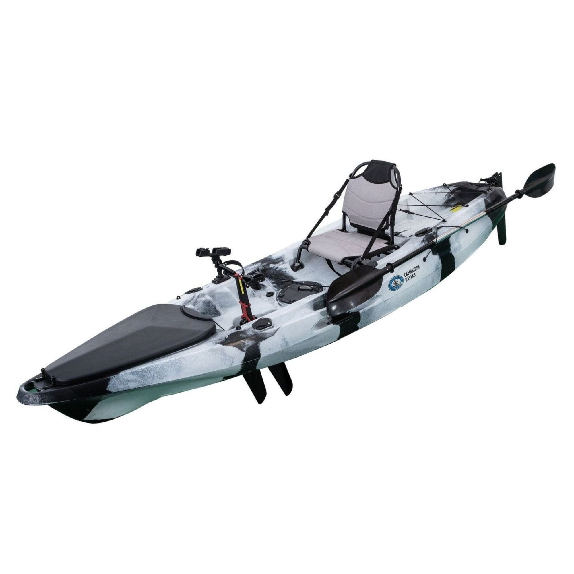 Side profile of the Marlin Pro in black white camo. Sleek hull design with bungee storage and a stable base for calm or choppy waters.