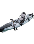 Side profile of the Marlin Pro in black white camo. Sleek hull design with bungee storage and a stable base for calm or choppy waters.
