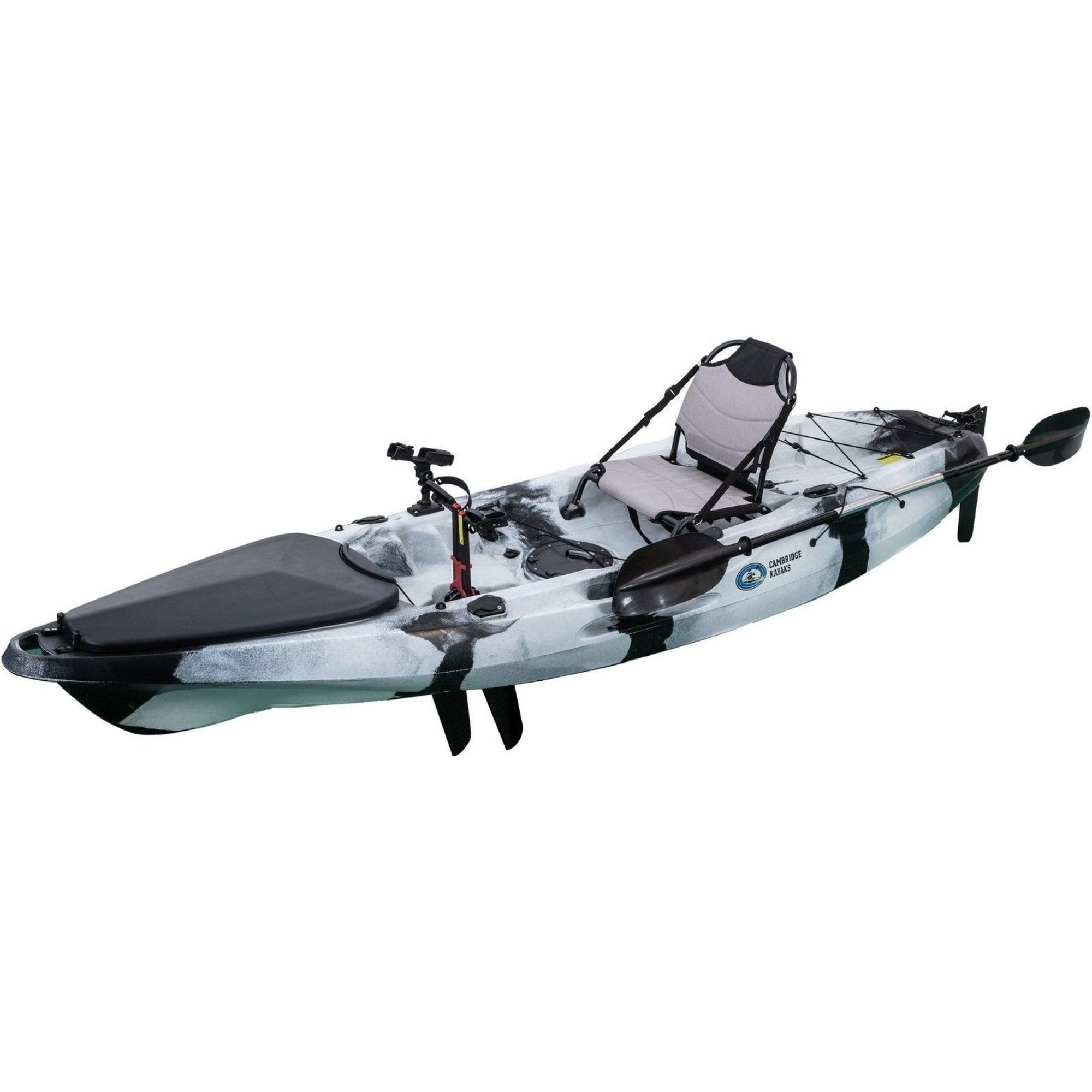 Side profile of the Marlin Pro in black white camo. Sleek hull design with bungee storage and a stable base for calm or choppy waters.