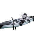 Side profile of the Marlin Pro in black white camo. Sleek hull design with bungee storage and a stable base for calm or choppy waters.