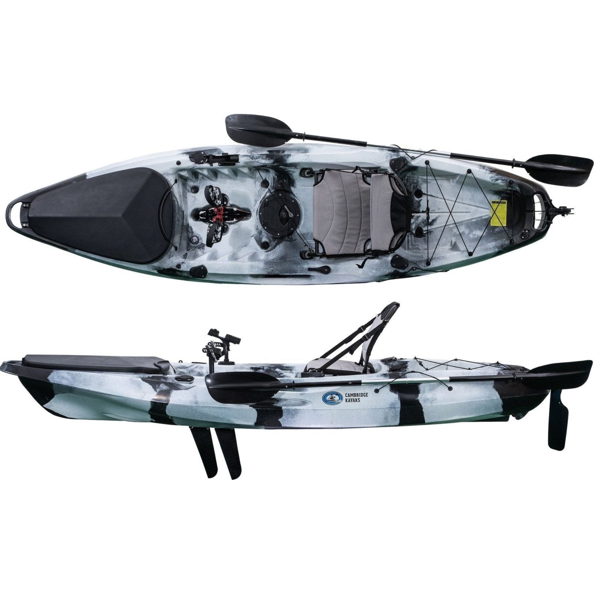 Cambridge Kayaks Marlin Pro fishing kayak in black white camo. Stable single sit-on-top kayak for sea, river, and lake fishing. Durable and reliable design for UK anglers.