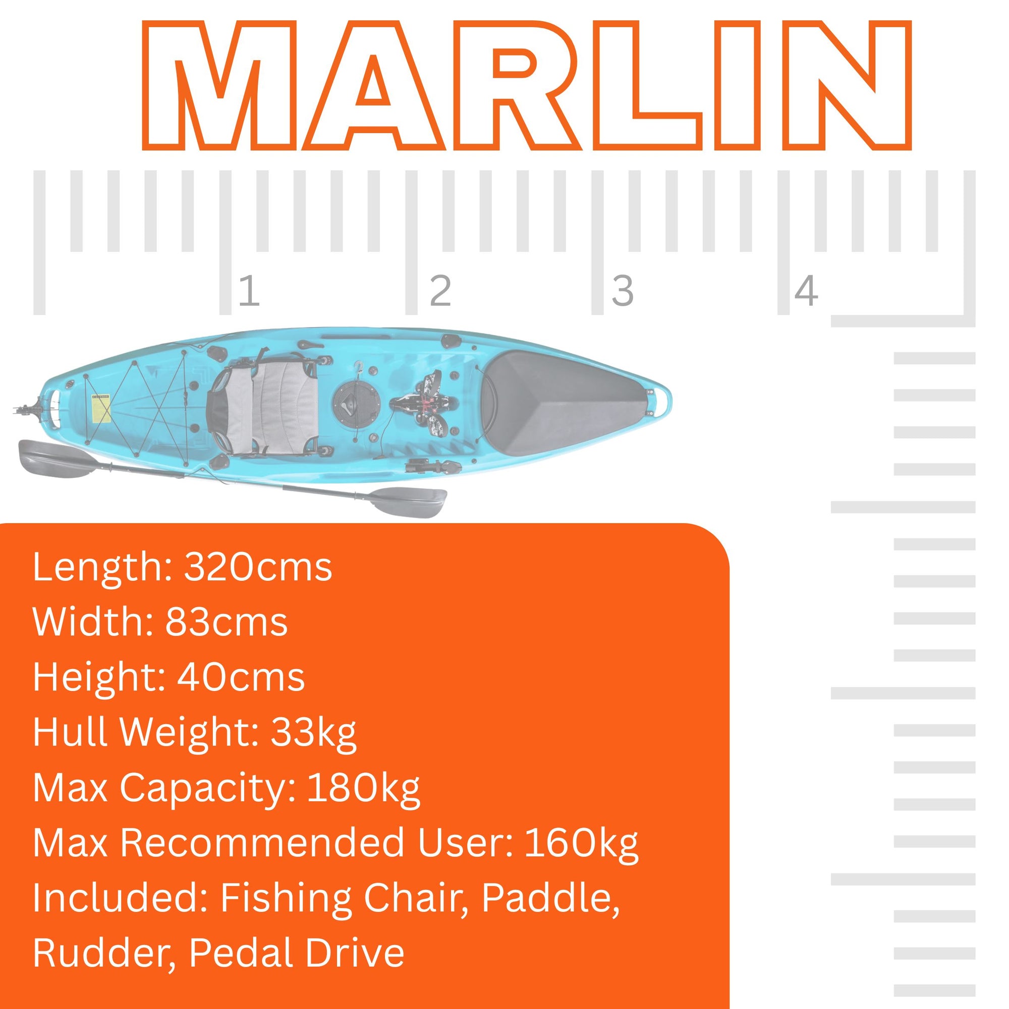 Dimensions diagram showing the Marlin Pro’s length, width, and hull shape. Ideal for comparing UK fishing kayak sizes.