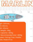 Dimensions diagram showing the Marlin Pro’s length, width, and hull shape. Ideal for comparing UK fishing kayak sizes.