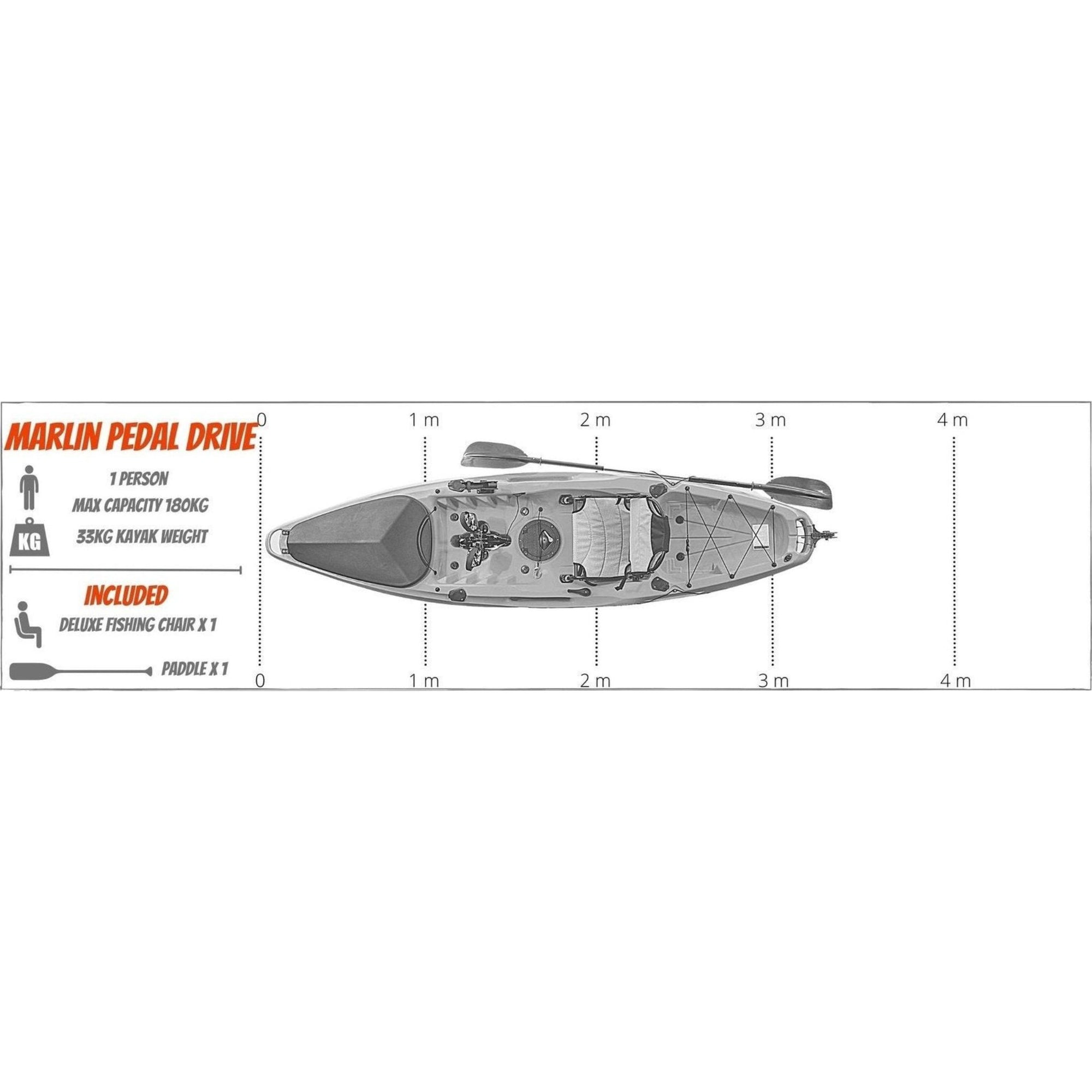 Dimensions diagram showing the Marlin Pro’s length, width, and hull shape. Ideal for comparing UK fishing kayak sizes.