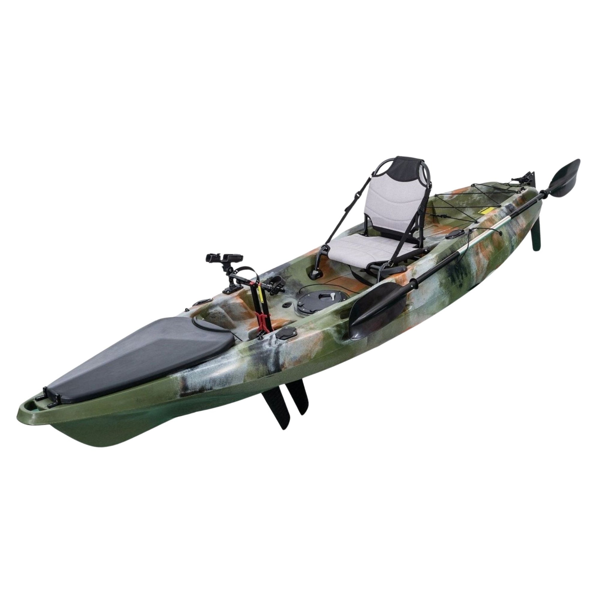 Angled view of the Marlin Pro in jungle camo. Displays seat, rod holders, and rear storage layout for fishing trips.