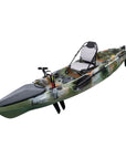 Angled view of the Marlin Pro in jungle camo. Displays seat, rod holders, and rear storage layout for fishing trips.