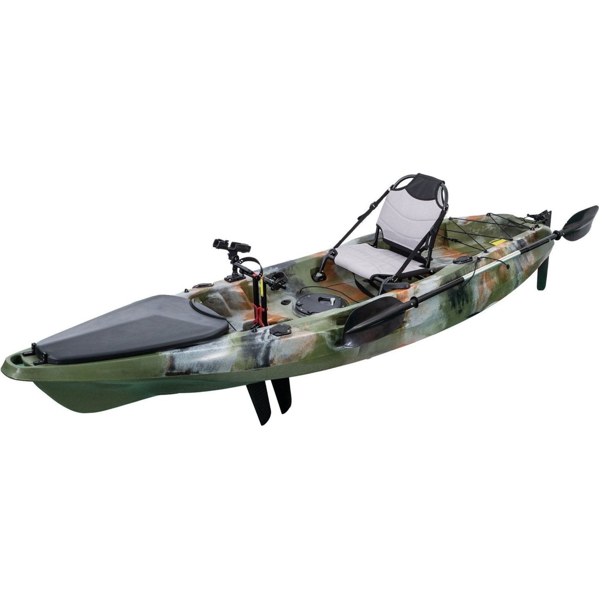 Angled view of the Marlin Pro in jungle camo. Displays seat, rod holders, and rear storage layout for fishing trips.