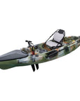 Angled view of the Marlin Pro in jungle camo. Displays seat, rod holders, and rear storage layout for fishing trips.