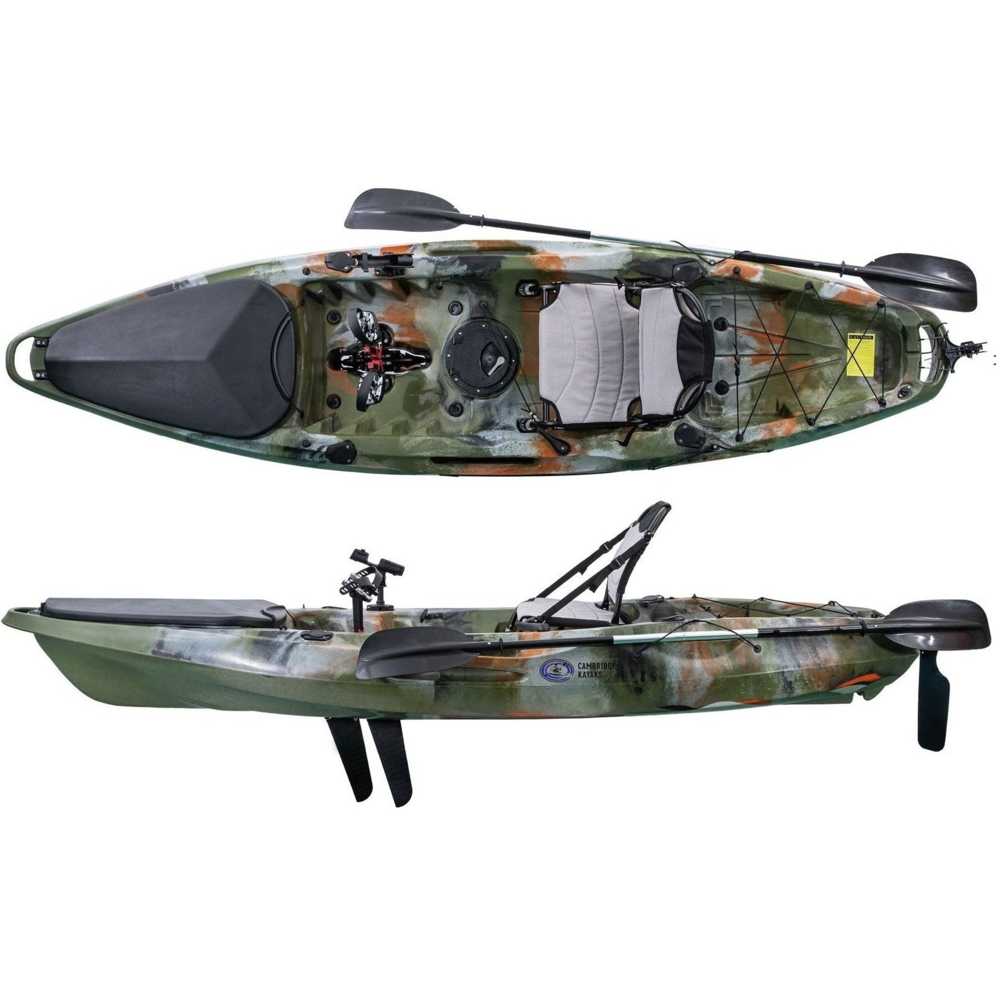 Cambridge Kayaks Marlin Pro fishing kayak in jungle camo. Tough, stable kayak ideal for professional or leisure fishing across UK rivers and coastal waters.