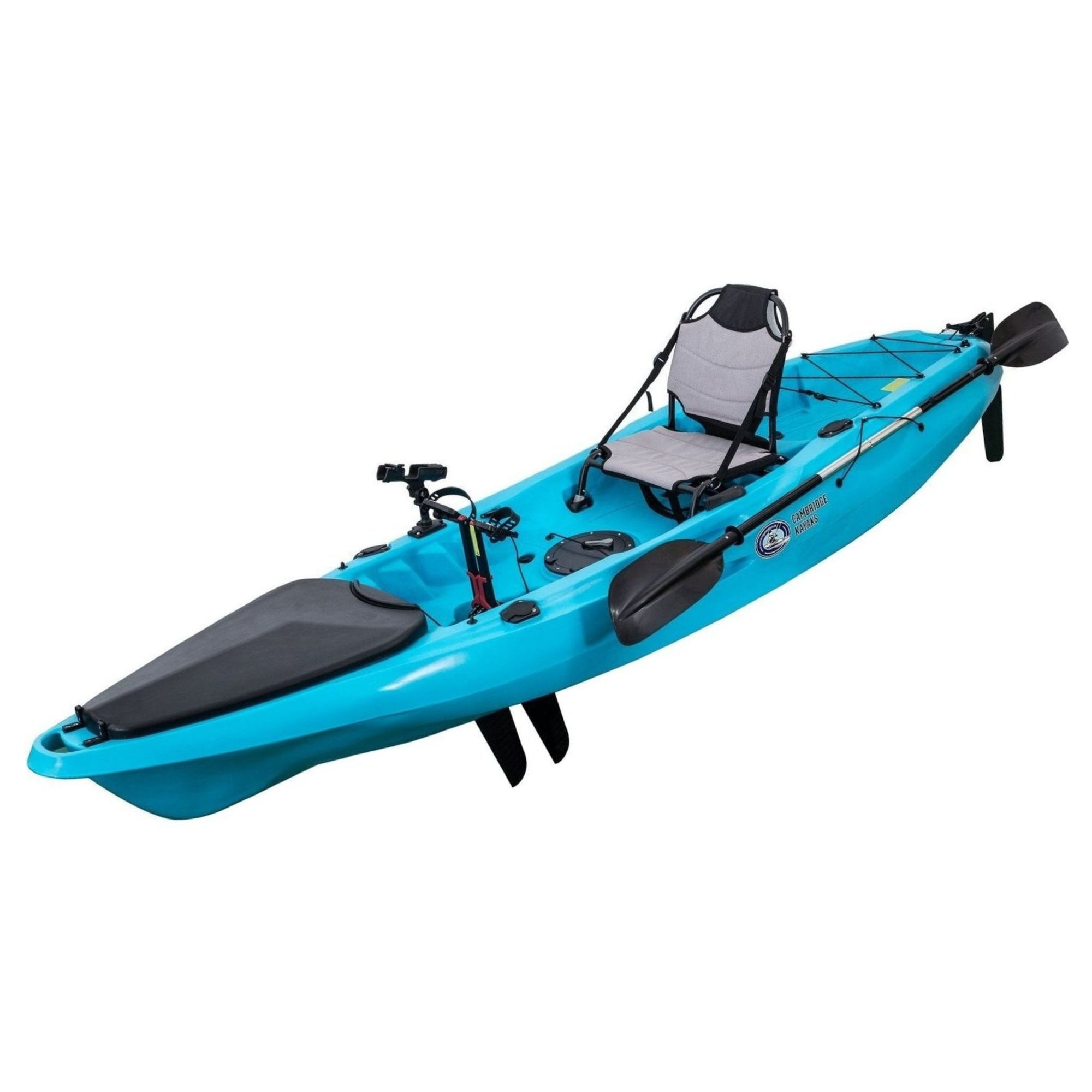 Angled view of the Marlin Pro in light blue. Shows seat comfort, wide footrests, and front hatch design for anglers and touring use.