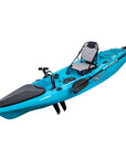Angled view of the Marlin Pro in light blue. Shows seat comfort, wide footrests, and front hatch design for anglers and touring use.